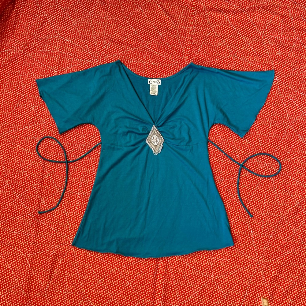 Next Era Teal Blue V-Neck Beaded slouchy Flutter Sleeve tie back Top Size M